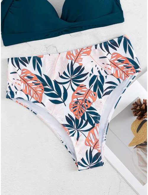 Shein Leaf Print Twist Front Halter Bikini Swimsuit