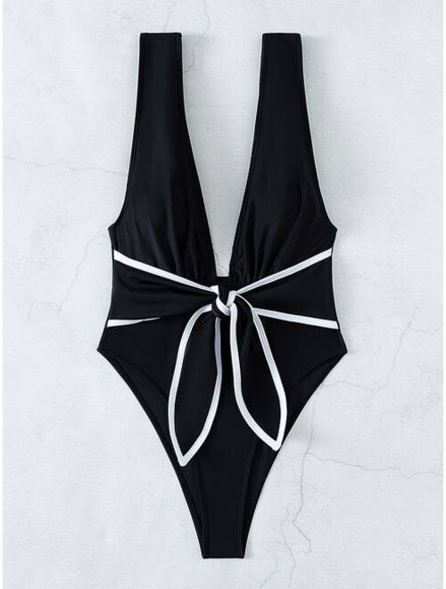 Shein Knot Front Plunging One Piece Swimsuit