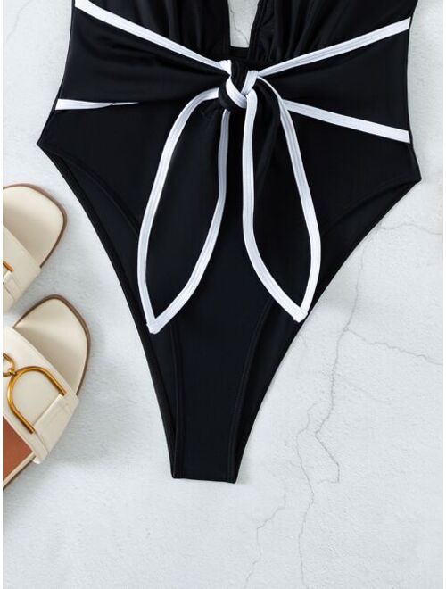 Shein Knot Front Plunging One Piece Swimsuit