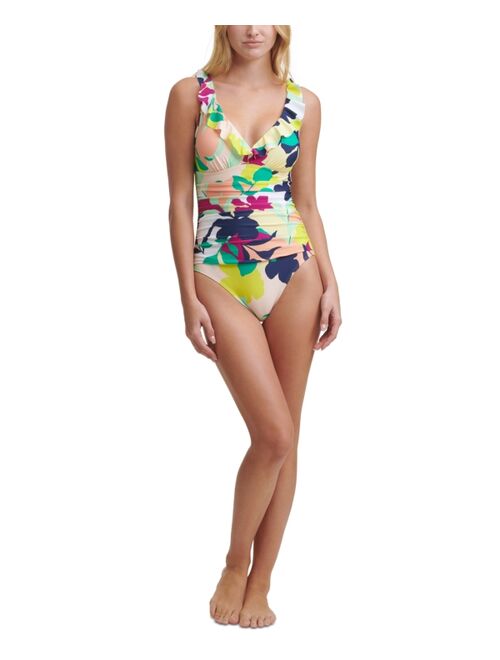 DKNY Printed Ruffled One Piece Swimsuit