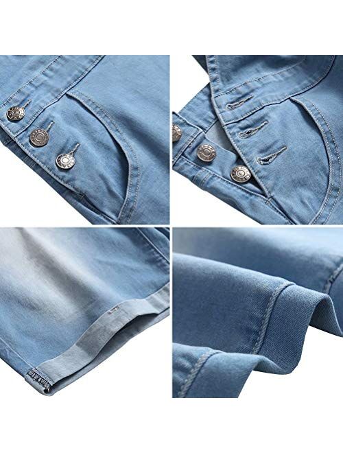 LONGBIDA Mens Denim Shorts Bib Overalls Jeans Casual Walkshort Summer Jumpsuit with Pockets