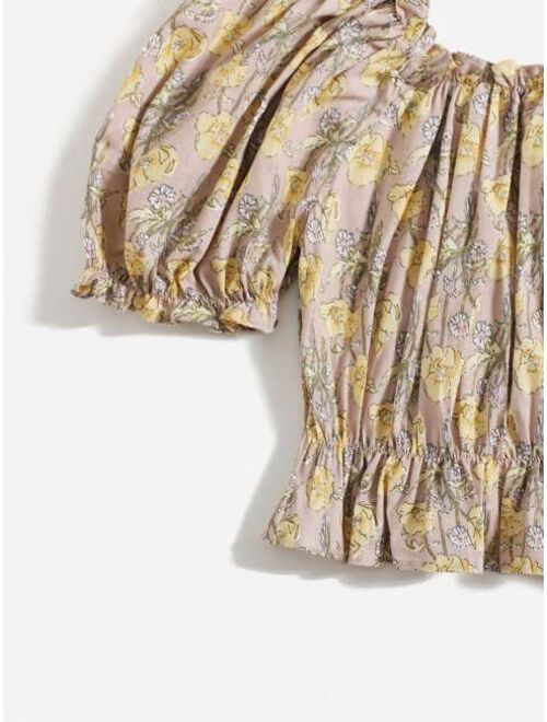 SHEIN Toddler Girls Allover Floral Print Puff Sleeve Peplum Top