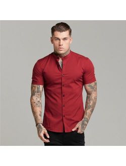 Muscleguys New Arrivals Summer Man Short Sleeve Shirt Solid Fitness Mens Stand Collar Super Slim Fit Business Dress Shirt Button Gym Tops
