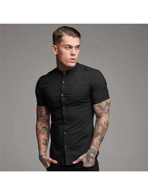 Muscleguys New Arrivals Summer Man Short Sleeve Shirt Solid Fitness Mens Stand Collar Super Slim Fit Business Dress Shirt Button Gym Tops