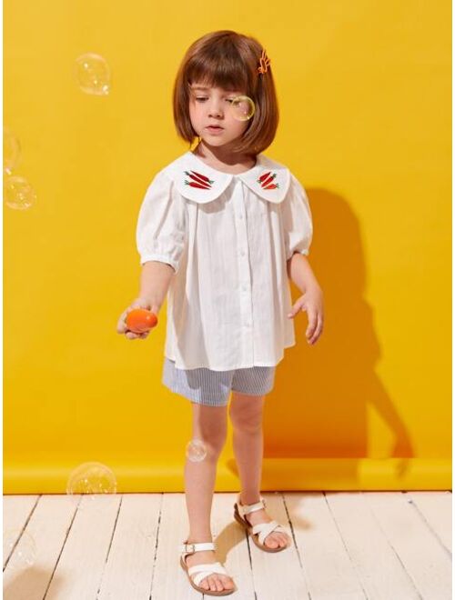 SHEIN Toddler Girls Embroidery Carrot Peter-pan Collar Puff Sleeve Blouse