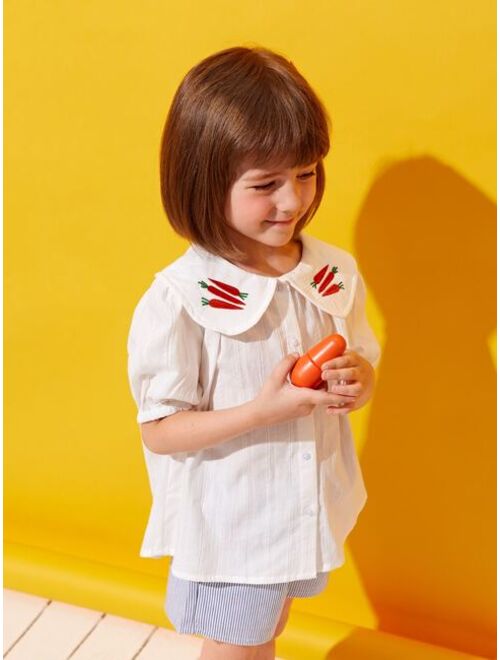 SHEIN Toddler Girls Embroidery Carrot Peter-pan Collar Puff Sleeve Blouse