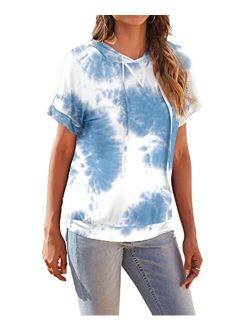 Womens Casual Tunic Tops Short Sleeve Tie Dye Shirts Drawstring Pullover Hoodie