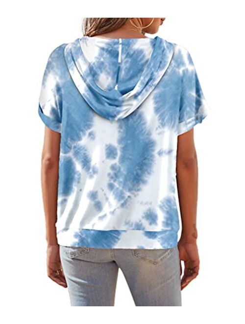DEARCASE Womens Casual Tunic Tops Short Sleeve Tie Dye Shirts Drawstring Pullover Hoodie