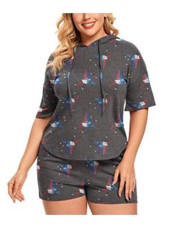 Womens Plus Size Short Sleeve Pajamas Set Hoodie With Shorts Lounge Set Casual Sleepwear With Pockets