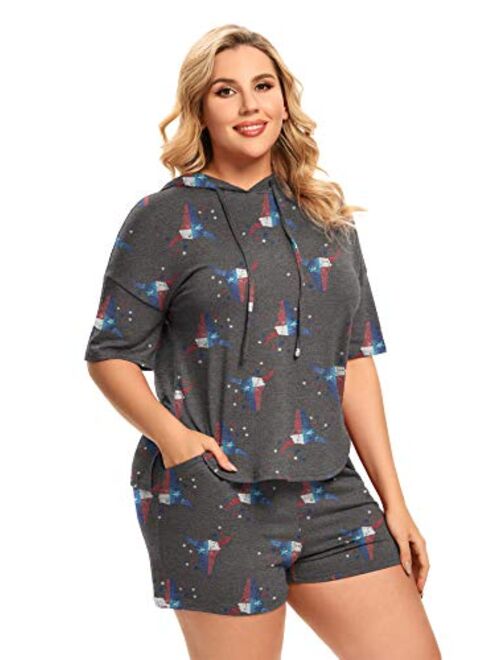 DEARCASE Women’s Plus Size Short Sleeve Pajamas Set Hoodie With Shorts Lounge Set Casual Sleepwear With Pockets
