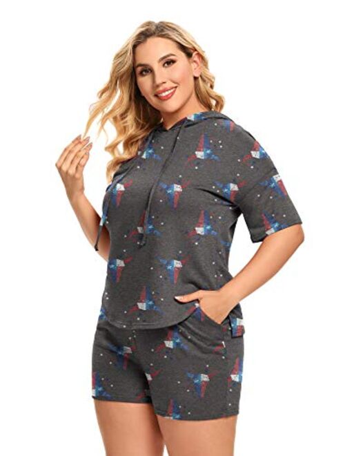 DEARCASE Women’s Plus Size Short Sleeve Pajamas Set Hoodie With Shorts Lounge Set Casual Sleepwear With Pockets