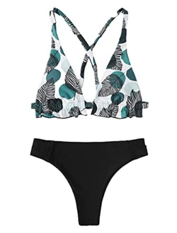 Women's Sexy Bathing Suit Floral Print Cross Back Bikini Set Swimsuits