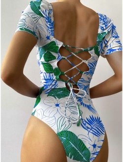 Tropical Print Lace Up Back One Piece Swimsuit