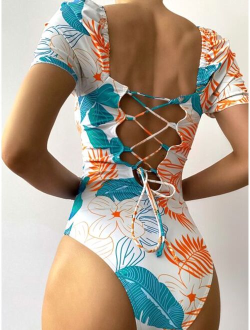 Shein Tropical Print Lace Up Back One Piece Swimsuit