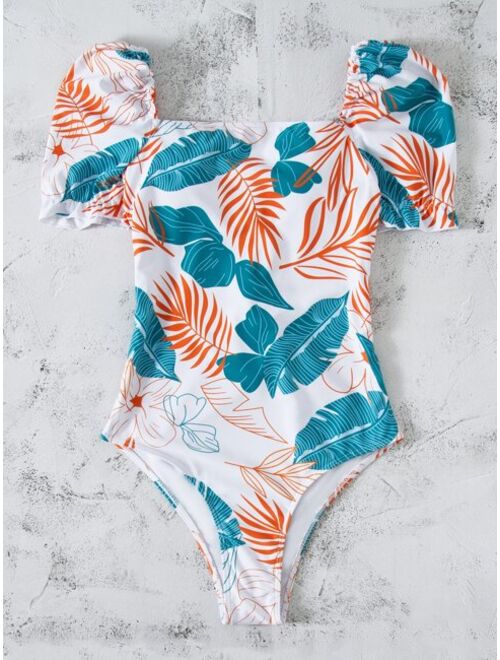 Shein Tropical Print Lace Up Back One Piece Swimsuit