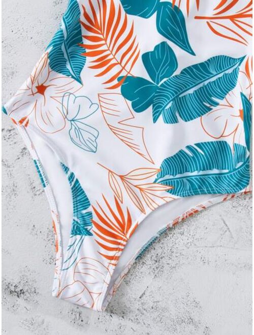 Shein Tropical Print Lace Up Back One Piece Swimsuit