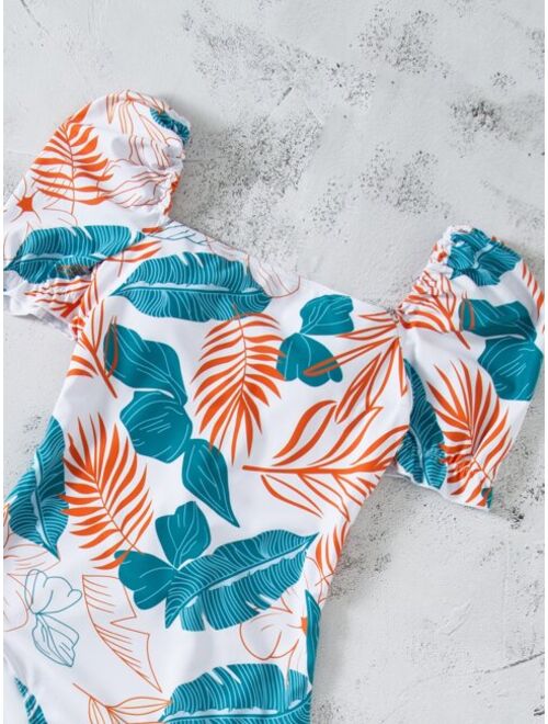 Shein Tropical Print Lace Up Back One Piece Swimsuit