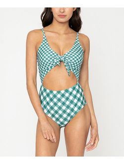 Forest Gingham Tie-Front Cutout One-Piece - Women