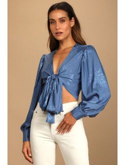 Highly Iconic Blue Satin Jacquard Tie-Front Crop Top