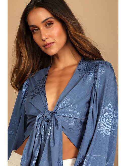 Lulus Highly Iconic Blue Satin Jacquard Tie-Front Crop Top