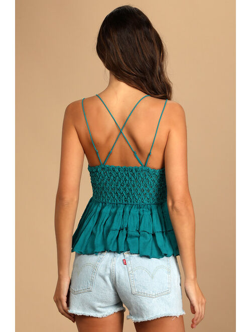 Free People Adella Cami Teal Blue Lace Ruffled Tank Top