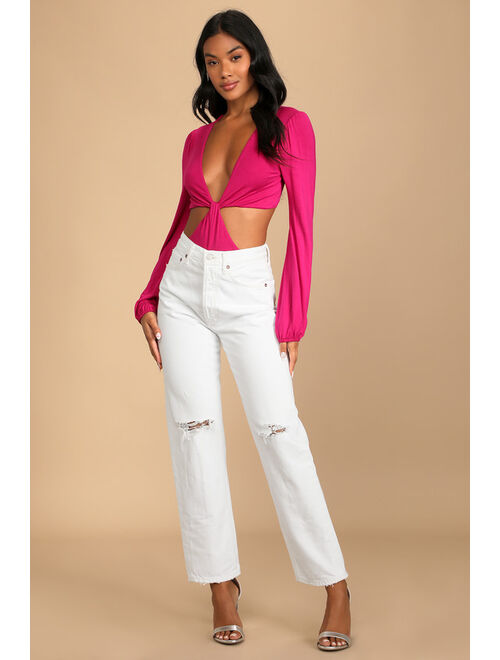 Lulus Trend Seeking Magenta Long Sleeve Cutout Bodysuit