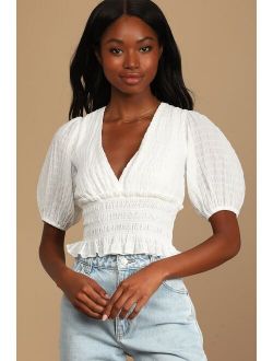 Feels Like Forever White Smocked Puff Sleeve Crop Top