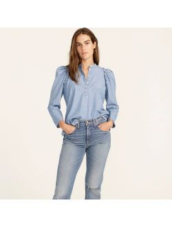 Puff-sleeve chambray top