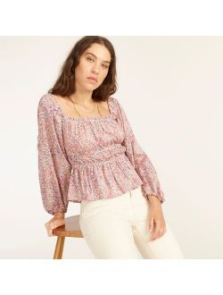 Puff-sleeve textured cotton top in blooming floral