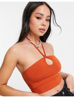 bandeau crop top with keyhole cut out in tobacco