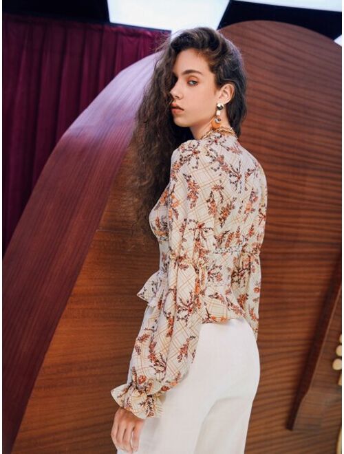 SHEIN Floral Print Lace Trim Button Front Blouse