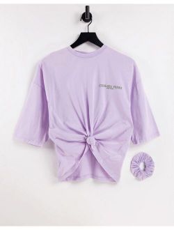 Chelsea Peers organic cotton acid wash crop knot front tee with scrunchie in lilac