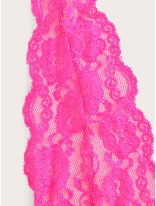 Shein Neon Pink Floral Lace Sheer Teddy Bodysuit