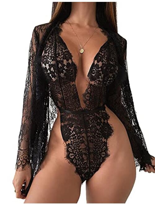 RSLOVE Women Sexy Bridal Lingerie Set 2 Piece Lace Robe With Sheer Teddy Babydoll Bodysuit