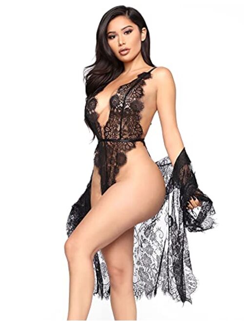 RSLOVE Women Sexy Bridal Lingerie Set 2 Piece Lace Robe With Sheer Teddy Babydoll Bodysuit
