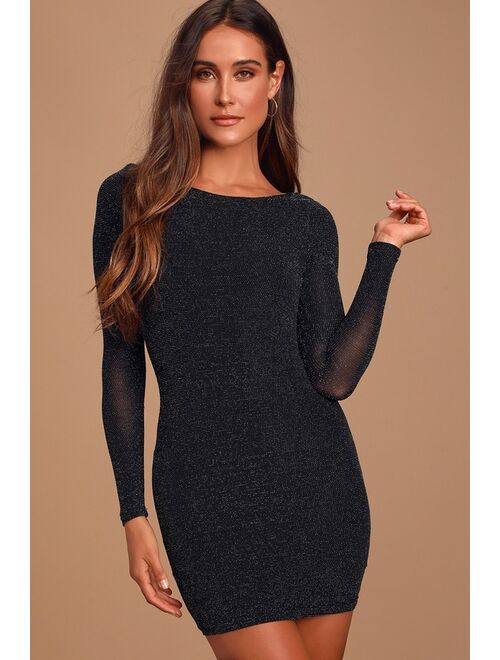 Lulus Gift of Love Black and Silver Backless Long Sleeve Bodycon Dress