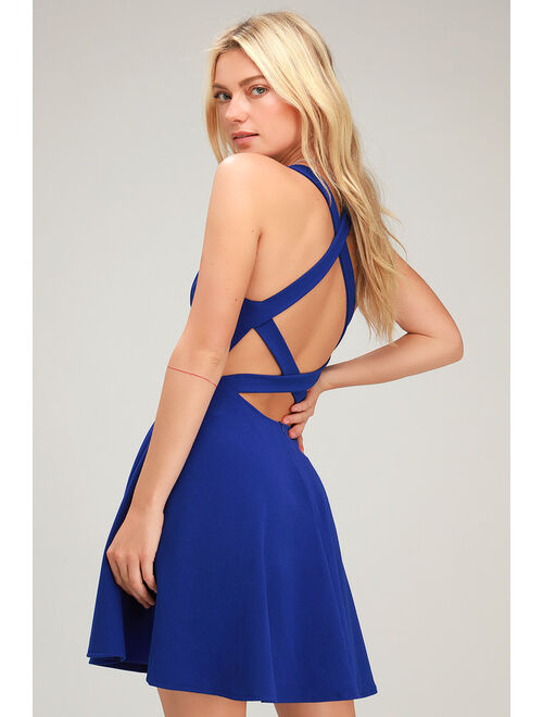 Lulus Katrina Royal Blue Strappy Backless Skater Dress