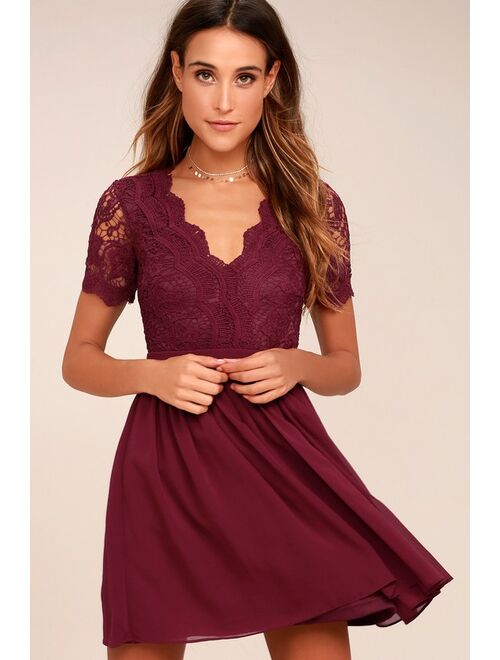 Lulus Angel in Disguise Burgundy Lace Skater Dress