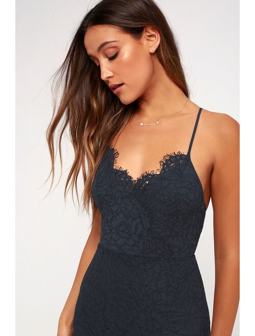 Lulus Flirting with Desire Navy Blue Lace Bodycon Dress