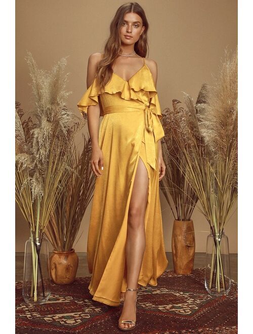 Lulus Moriah Mustard Yellow Satin Wrap Maxi Dress