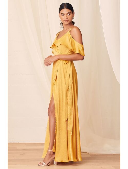 Lulus Moriah Mustard Yellow Satin Wrap Maxi Dress