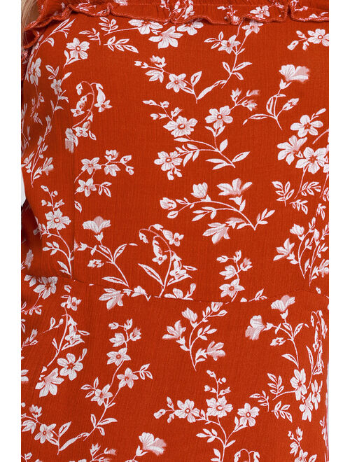 Lulus Garden Date Red Orange Floral Print Ruffle Midi Dress