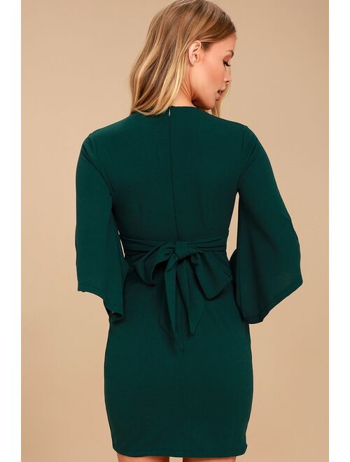 Lulus Glimpse of Glamour Forest Green Bell Sleeve Bodycon Dress