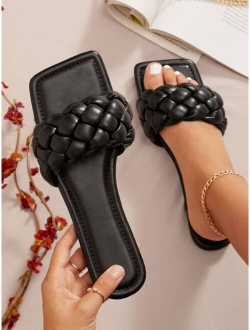Vegan Leather Braided Strap Slide Sandals