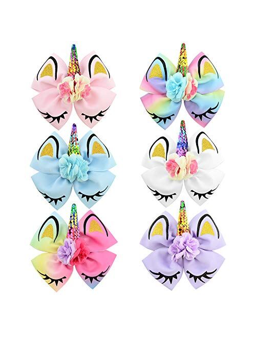 Girls Unicorn Hair Bows with Alligator Hair Clips Cheer Bows Hair Accessories for Kids Toddlers 6 Packs