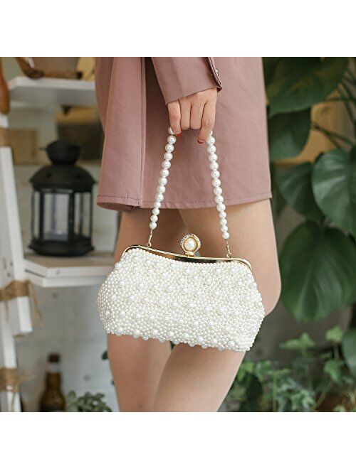 TOIHSUAN Women's Pearl Beaded Cream Evening Cluthes Bags for Wedding-with shoulder strap, 22cm8cm12cm