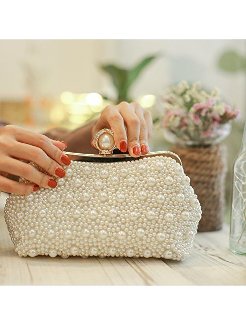 TOIHSUAN Women's Pearl Beaded Cream Evening Cluthes Bags for Wedding-with shoulder strap, 22cm8cm12cm