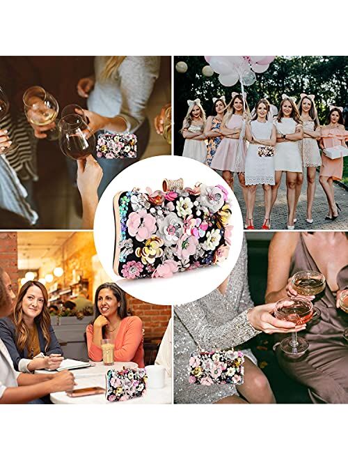 Womens Floral Clutch Purse,Girls Rose Nude Purse,3D Sequins Evening Handbag for Wedding Prom Banquet Party