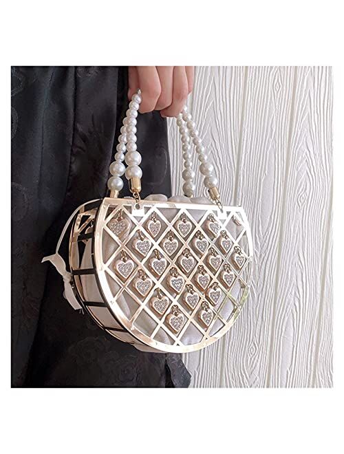 Evening Clutch Bag Portable Women's Purse Luxury Party Dress Handbags Diamonds Pearls Evening Bag Openwork Design (Color : Black, Size : Small)