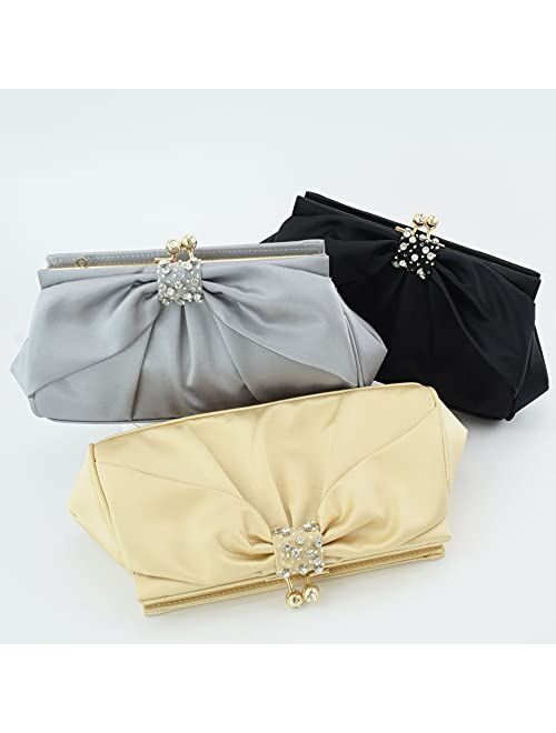 Womens Evening Clutch Diamond-studded bag and bow-knot solid color clutch bag pleated evening bag Wedding party clutch
